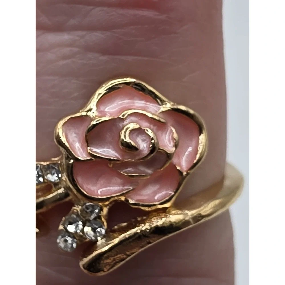 Enamel Flower Pink Rose Goldtone One Size Fits All Ring